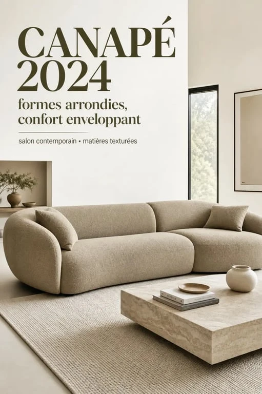 Canapé tendance 2024 dans un salon contemporain lumineux avec formes arrondies et tissu texturé