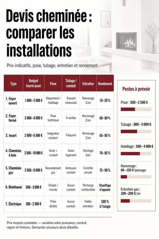 Devis pour cheminée : comparatif des prix, de la pose et du tubage selon le type d’installation