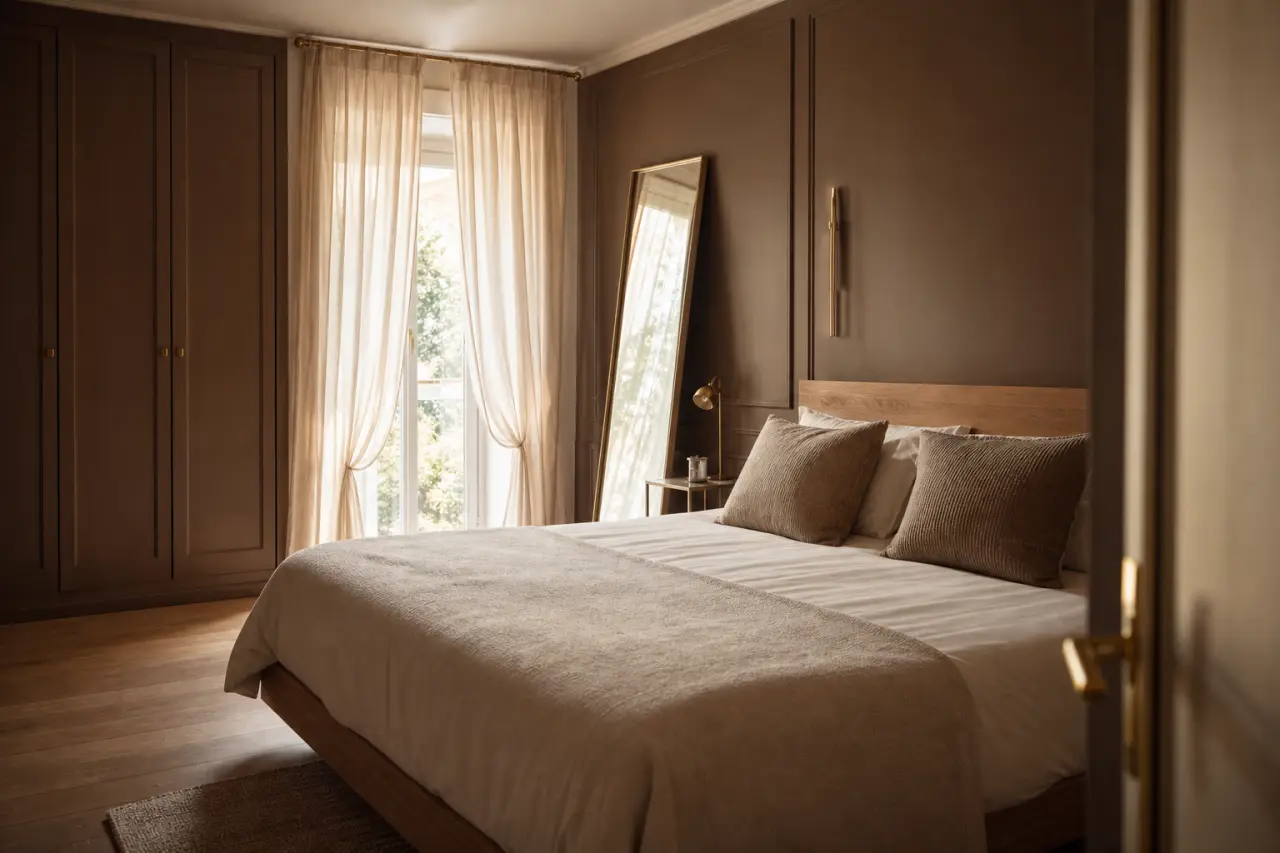 Home staging chambre : chambre lumineuse désencombrée, linge neutre et rideaux clairs