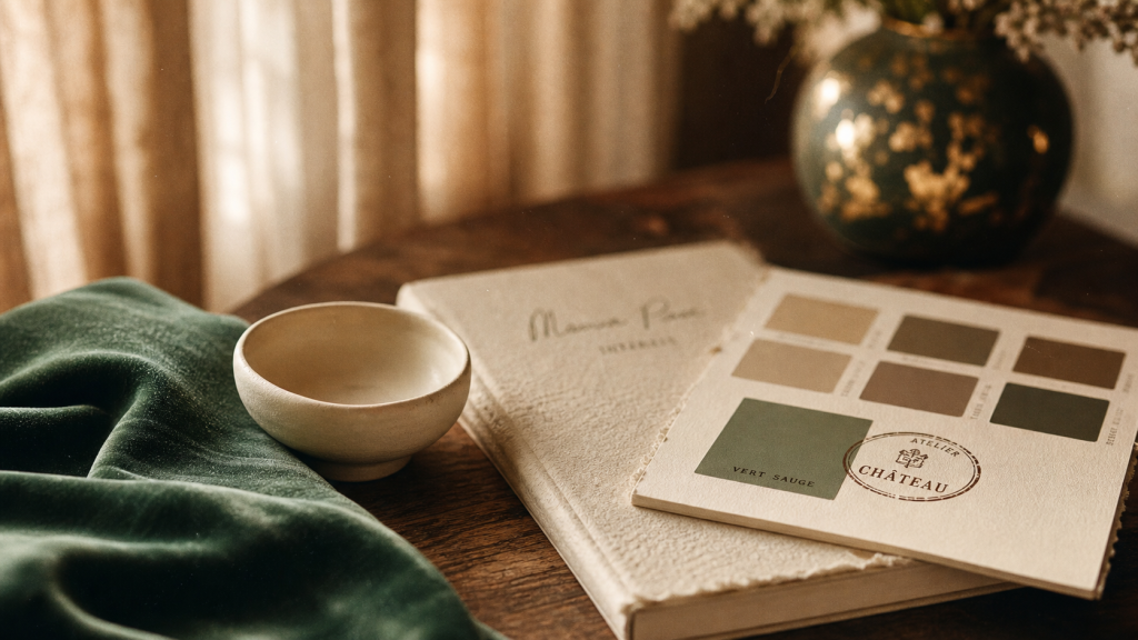 Le vert se marie avec quelle couleur : velours vert émeraude, tons crème et chêne sombre