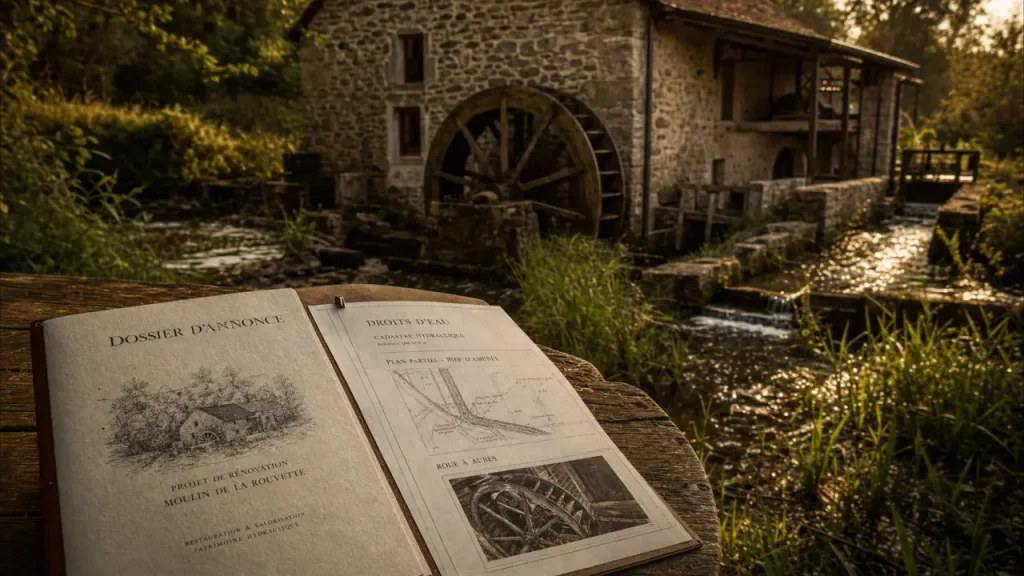 Moulin à eau à vendre : droits d’eau, roue et terrain avant le coup de cœur