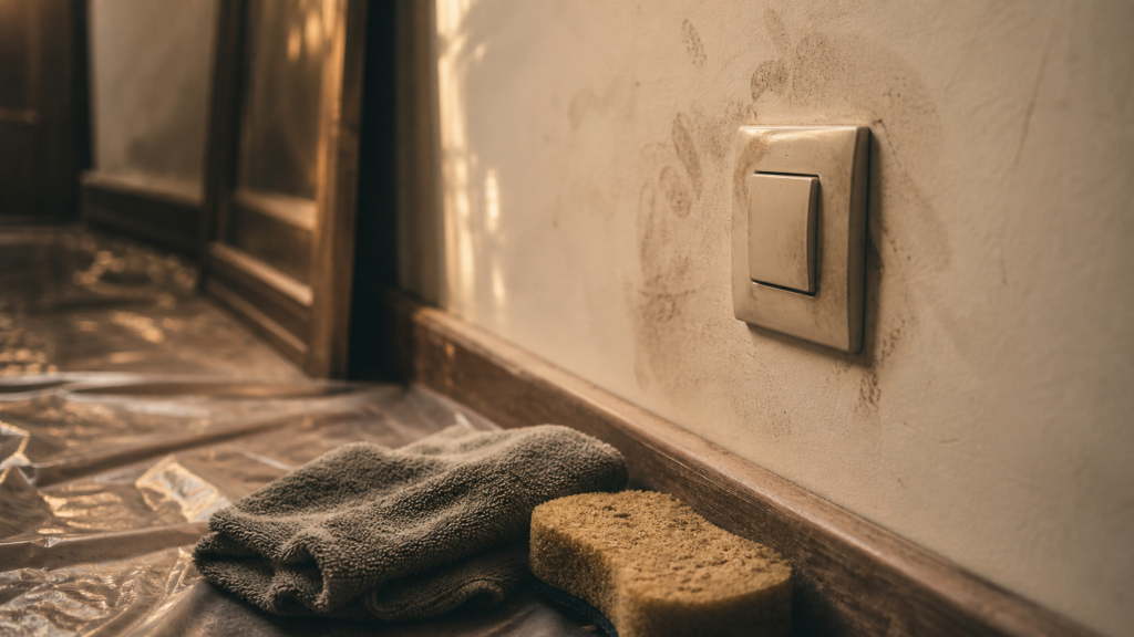 Microfibre humide pour nettoyer mur blanc sans repeindre près d’un interrupteur