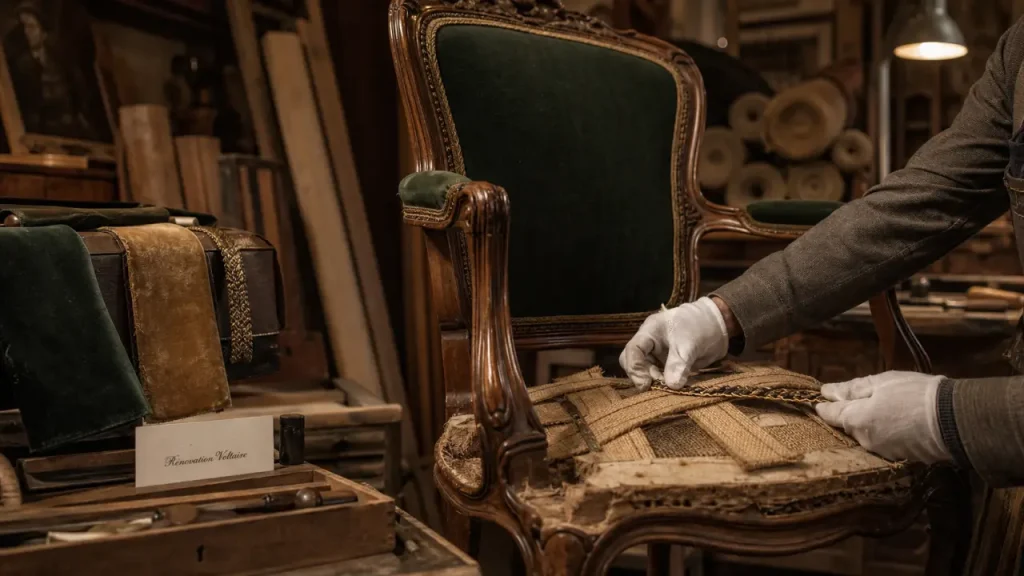 Rénovation fauteuil Voltaire en atelier, tapissier pose galon sur l’assise