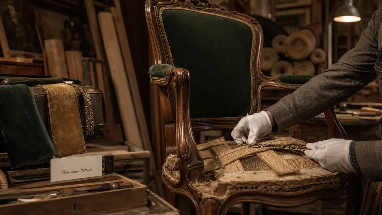 Rénovation fauteuil Voltaire en atelier, tapissier pose galon sur l’assise
