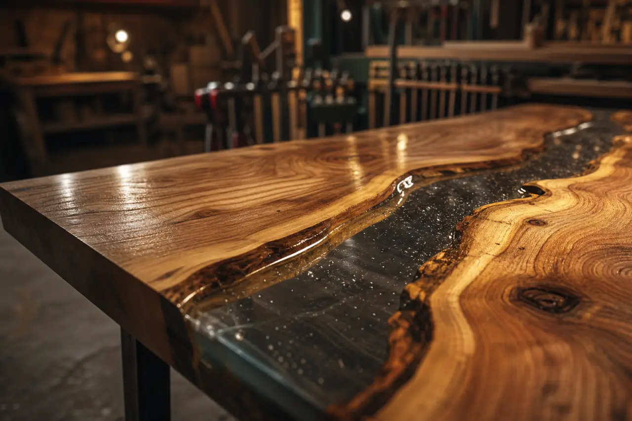 Table en resine avec bois sec et coulée d’epoxy transparente