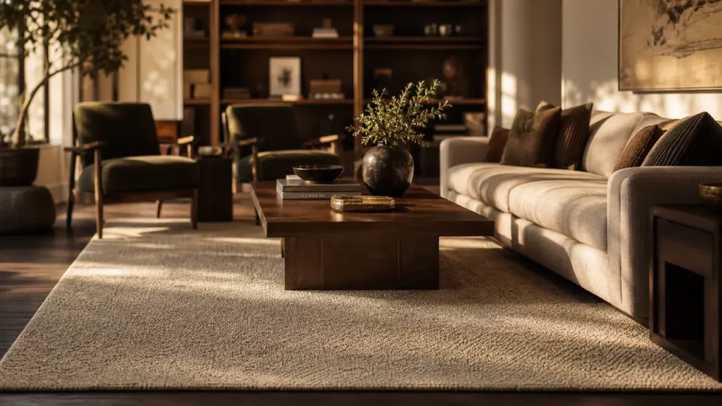 Tapis dans salon beige, débord 30 cm sous le canapé