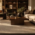 Tapis dans salon beige, débord 30 cm sous le canapé