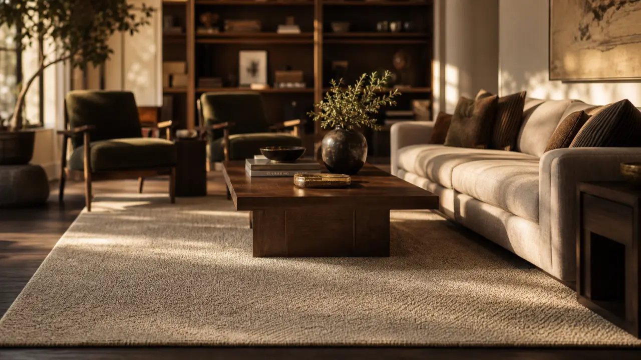 Tapis dans salon beige, débord 30 cm sous le canapé