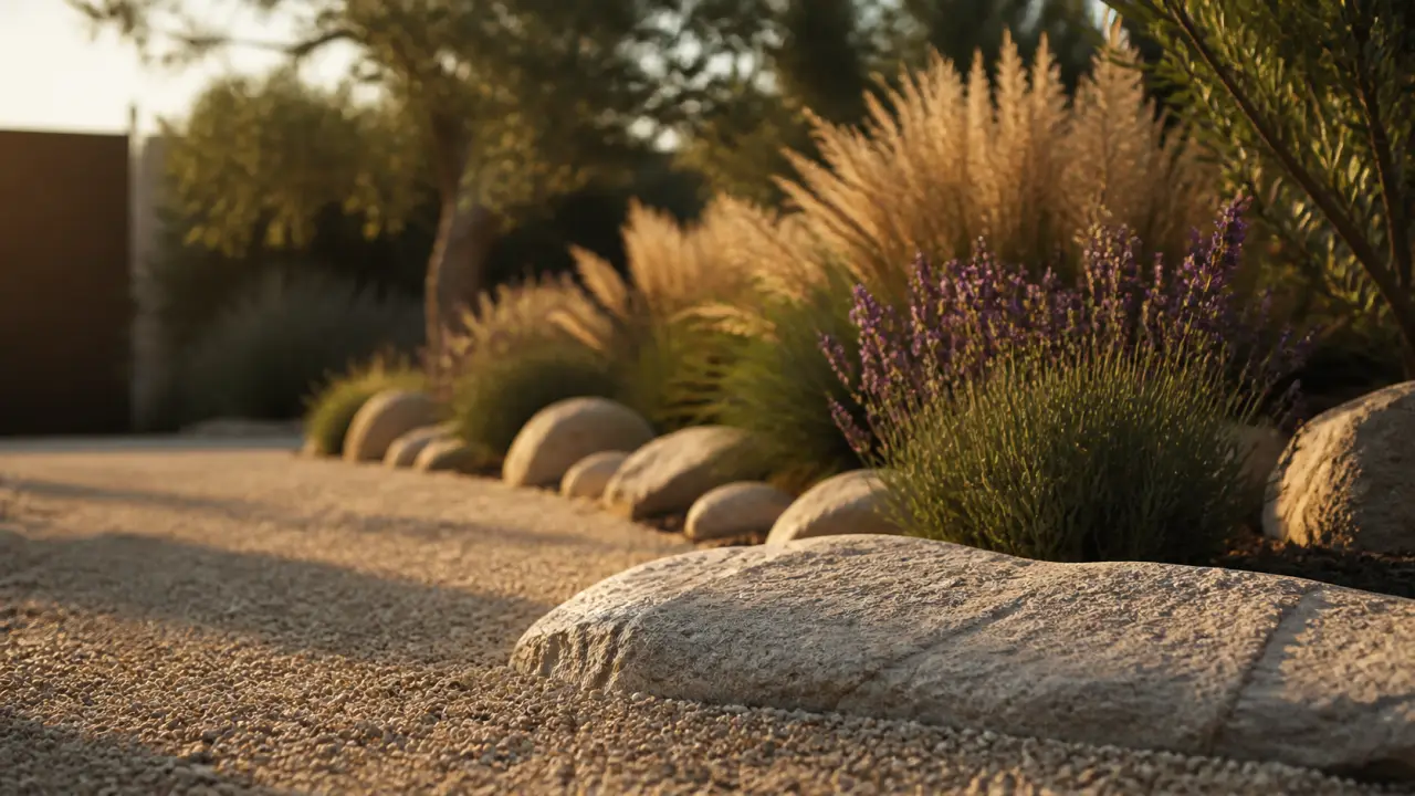 Aménagement paysager deco jardin avec grosses pierres, pierre granit et gravier, lavandes et graminées.