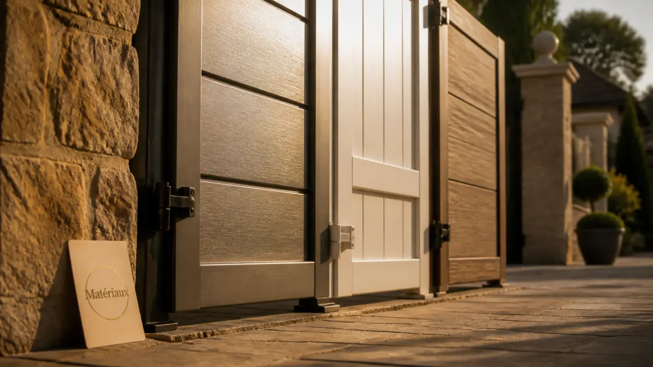 Différents matériaux portail : aluminium, PVC et composite côte à côte