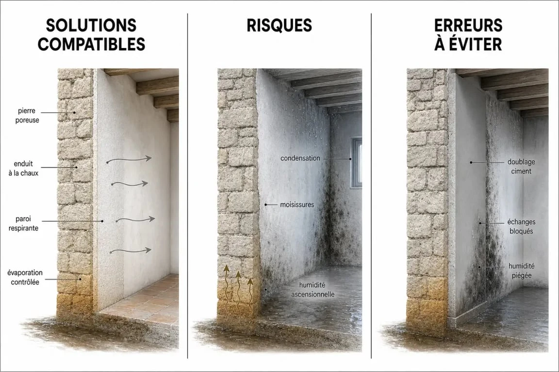 Bâtiment ancien : schéma des murs respirants, de l’humidité et des erreurs d’isolation