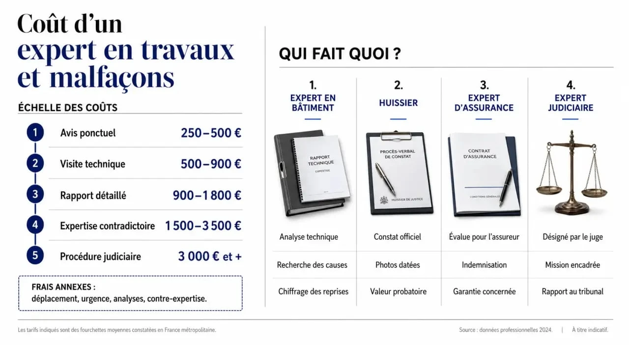 Expert travaux malfaçon prix : repères tarifaires et comparaison des intervenants