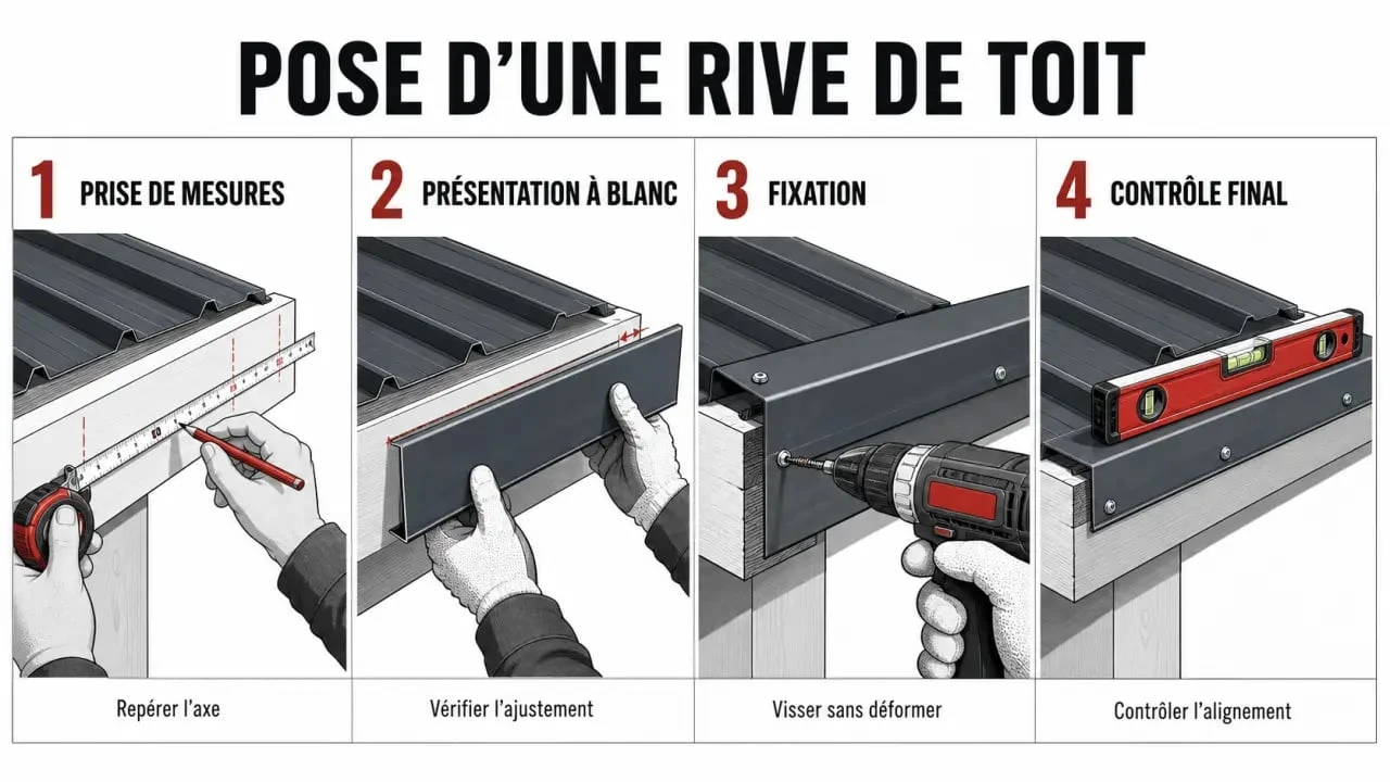 Rive de toit : étapes visuelles de prise de mesures et de pose