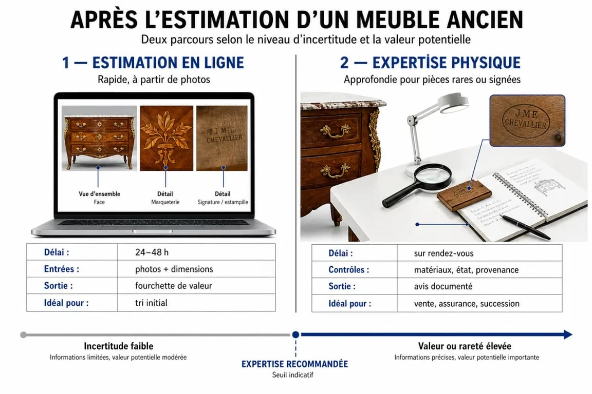 Estimation meubles anciens : estimation en ligne ou expertise physique selon le cas