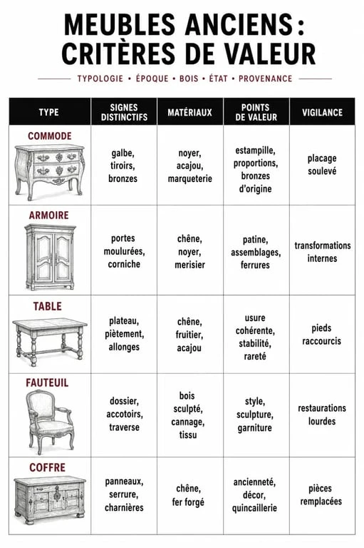 Estimation meubles anciens : tableau comparatif des critères de valeur selon le type de meuble