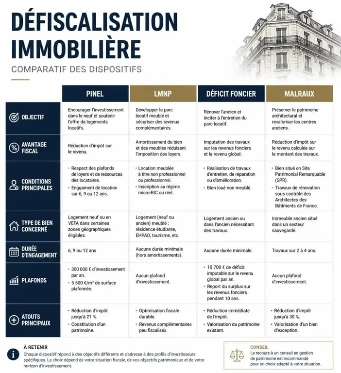 Tableau comparatif des dispositifs de défiscalisation immobilière : Pinel, LMNP, Déficit Foncier et Malraux pour optimiser sa fiscalité.