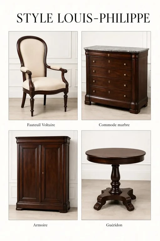 Style Louis-Philippe : meubles typiques avec bois foncé, pieds tournés et plateau marbre