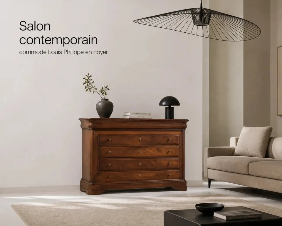 Comment mélanger style louis philippe et contemporain dans un salon lumineux avec commode en bois sombre et canapé moderne