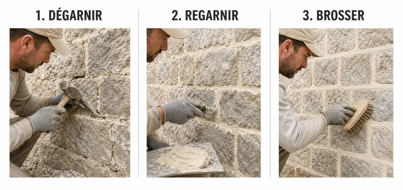 Jointage mur en pierre : dégarnissage, remplissage et brossage final sur mur ancien