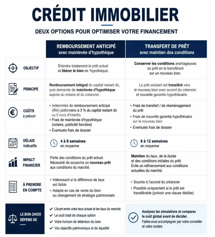 Infographie comparant le remboursement anticipé et le transfert de prêt immobilier suite à une vente