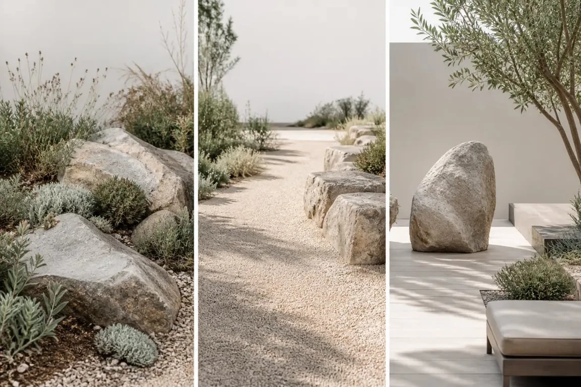 Aménagement paysager deco jardin avec grosses pierres dans un jardin rocailleux, une allée minérale et un coin terrasse