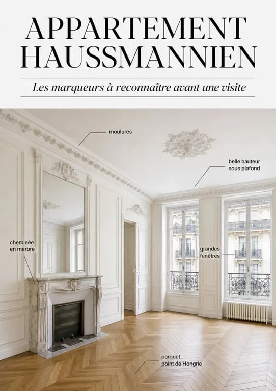 Acheter appartement haussmannien Paris : intérieur authentique avec moulures, cheminée et parquet point de Hongrie