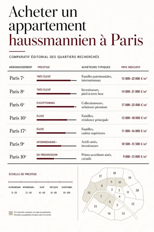 Acheter appartement haussmannien Paris : comparatif visuel des quartiers et des niveaux de prix