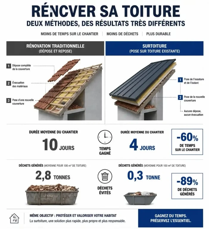 Comparatif des avantages de la surtoiture en termes de temps et de déchets