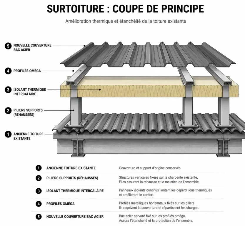 Schéma technique du fonctionnement d'une surtoiture avec isolation thermique