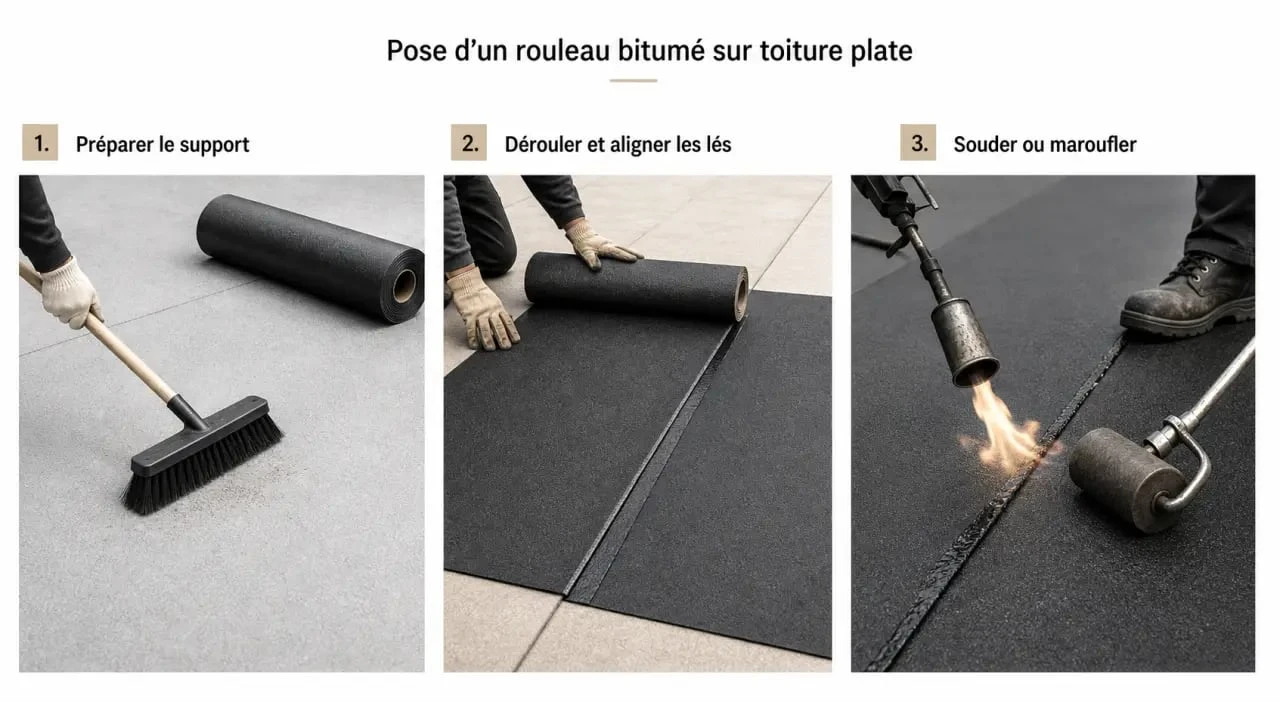 Rouleaux bitume pour toit : schéma éditorial de pose en trois étapes sur toiture plate