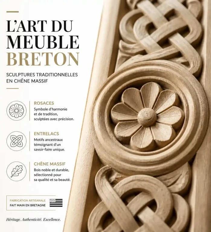 Détails des sculptures sur un meuble breton après décapage