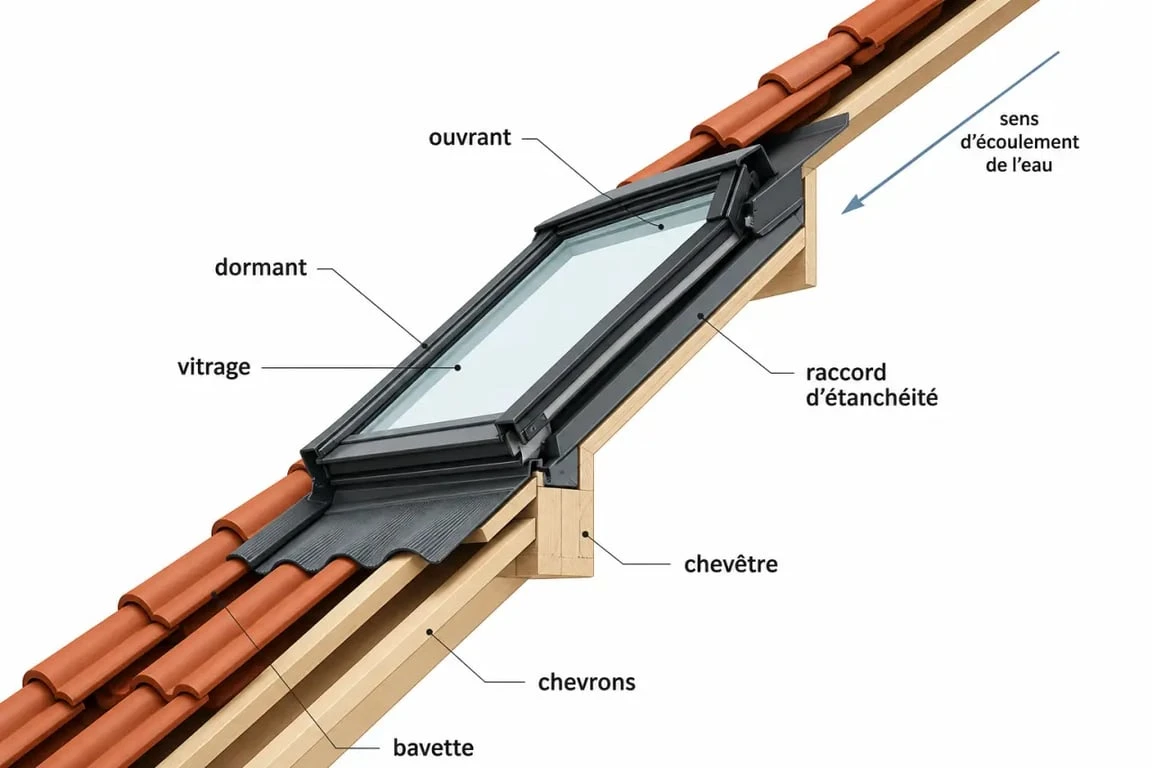 Schéma d’un châssis de toit avec chevêtre, raccord et étanchéité