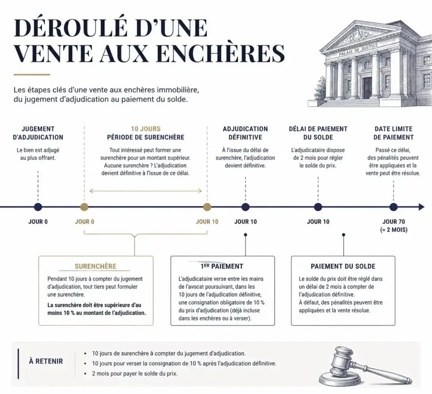 Calendrier des délais de surenchère et de paiement pour acheter aux encheres immobilieres