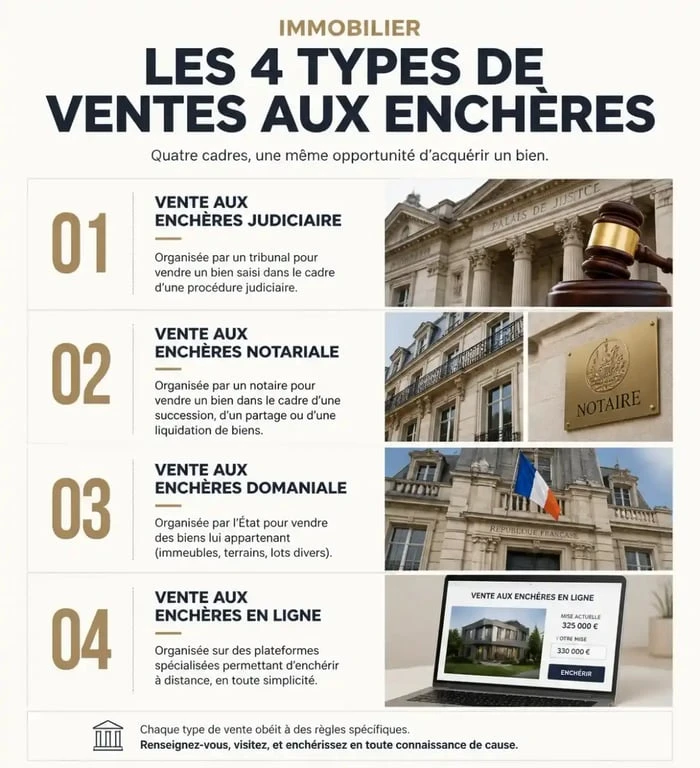 Infographie des différents types de ventes aux enchères immobilières pour acheter aux encheres immobilieres