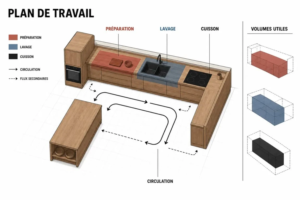 Meuble de cuisine en bois massif avec repères de circulation et d'aménagement fonctionnel