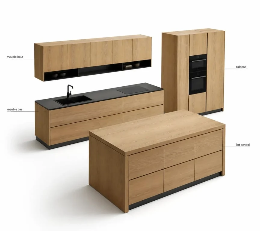 Meuble de cuisine en bois massif dans une cuisine modulable avec meubles bas, hauts, colonne et îlot central