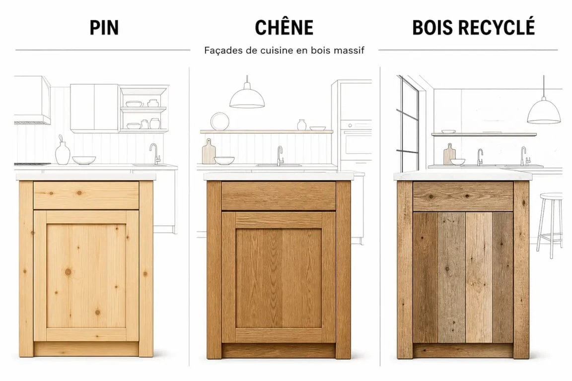 Meuble de cuisine en bois massif : comparaison visuelle du pin, du chêne et du bois recyclé
