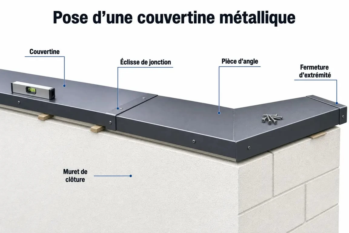 Pose d’une couvertine mur sur muret avec jonctions et pièces d’angle
