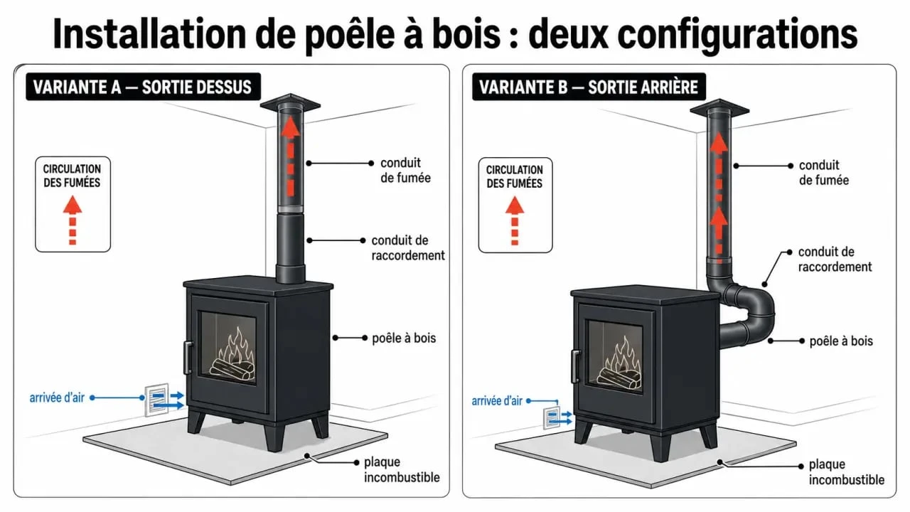 Schéma installation poêle à bois avec sortie dessus et sortie arrière