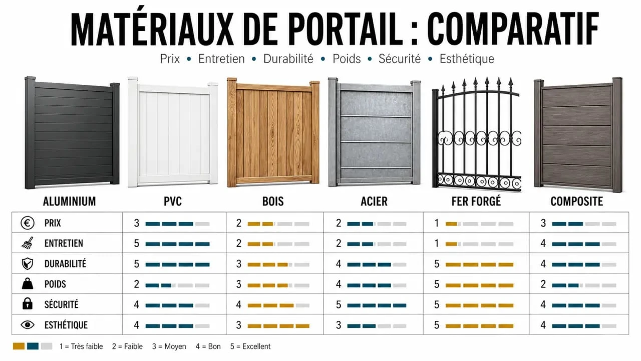 Comparatif des différents matériaux portail : aluminium, PVC, bois, acier, fer forgé et composite