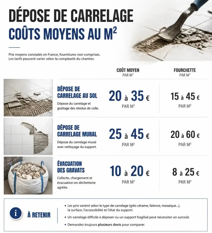 Tableau récapitulatif du prix de dépose de carrelage au m2 selon le type de support et les prestations