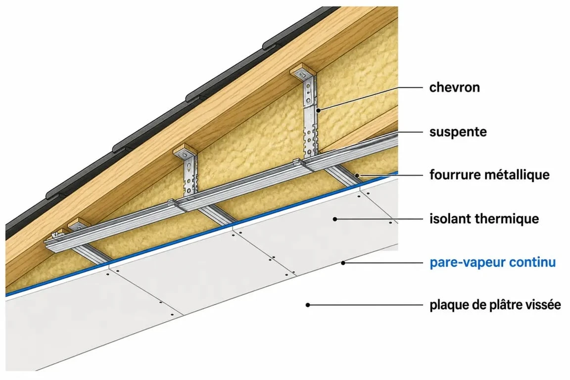 Placo sous rampant : coupe technique simplifiée d’un plafond en plaques de plâtre dans des combles aménagés