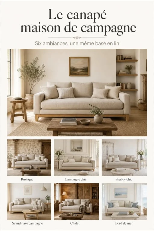 Canapé maison de campagne dans un salon déco avec variantes de styles proches