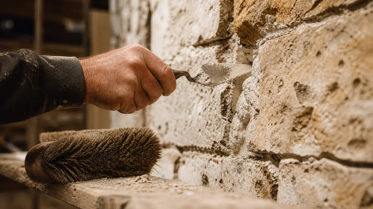 Jointage mur en pierre : chaux appliquée dans joints dégarnis 2–3 cm
