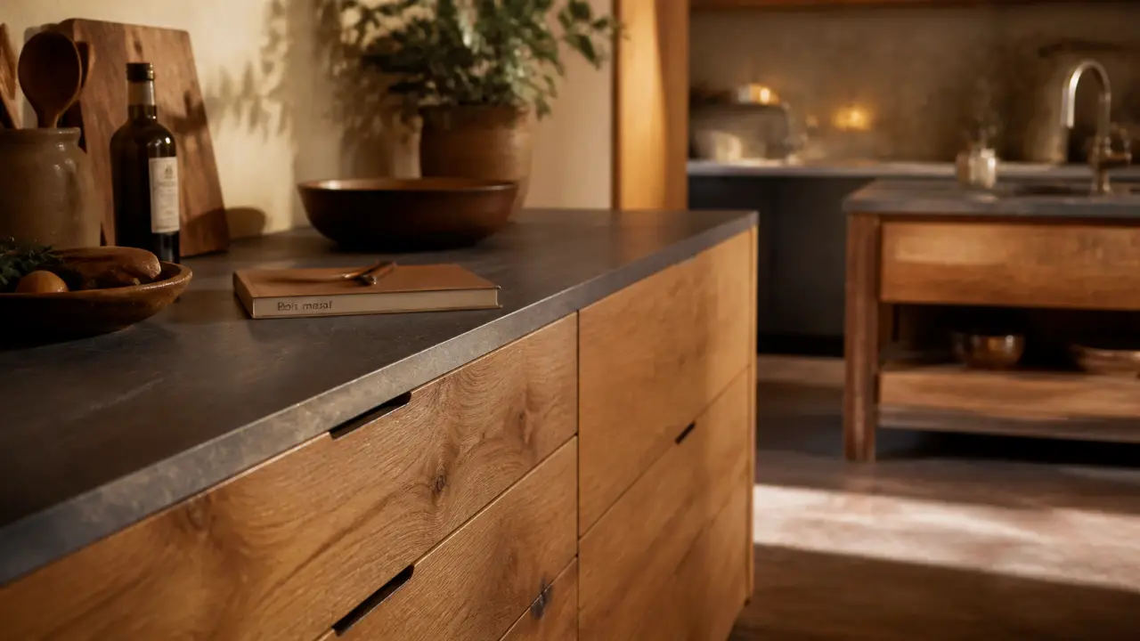 Meuble de cuisine en bois massif chêne, bois recyclé et finitions