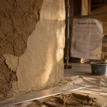 Rénovation maison pisé : enduit à la chaux sur mur en terre crue, chantier
