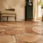 Anciennes tomettes en terre cuite, hexagones patinés dans un salon rénové