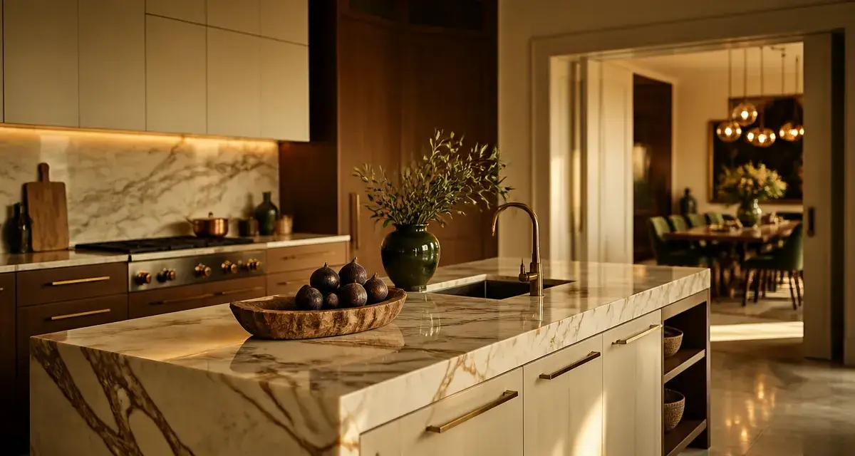 Cuisines italiennes haut de gamme : îlot en marbre et design premium