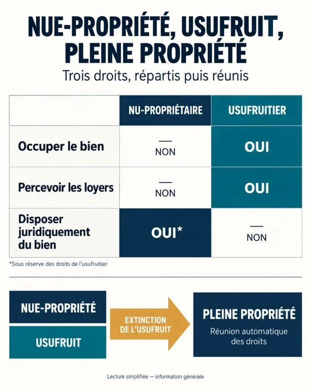 Infographie comparative sur la nue-propriété, l’usufruit et la pleine propriété
