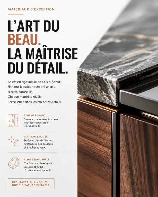 Détail des matériaux nobles d'une cuisine italienne haut de gamme